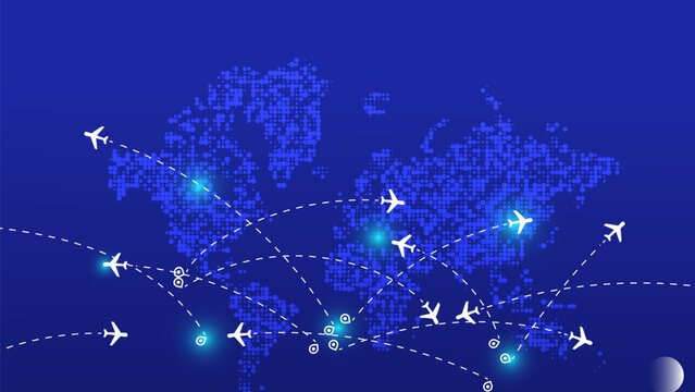 Vector illustration of a global air travel network. White airplanes fly over a blue dotted world map, showing international routes and connectivity for business.