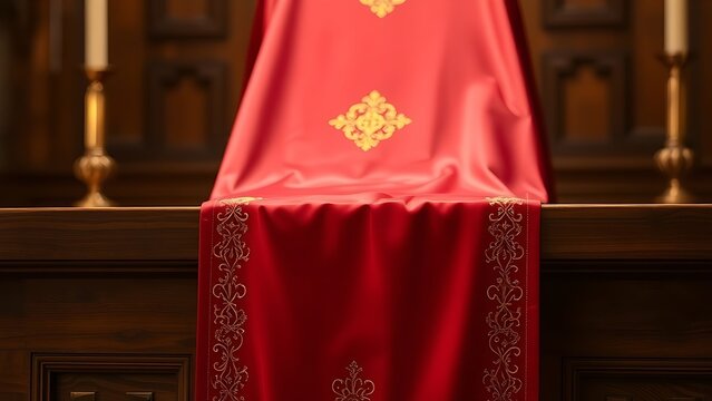 A deep red silk chasuble with gold embroidery on a wooden altar in candlelight. event programs, museum guides, designed for cultural heritage projects and event programs.