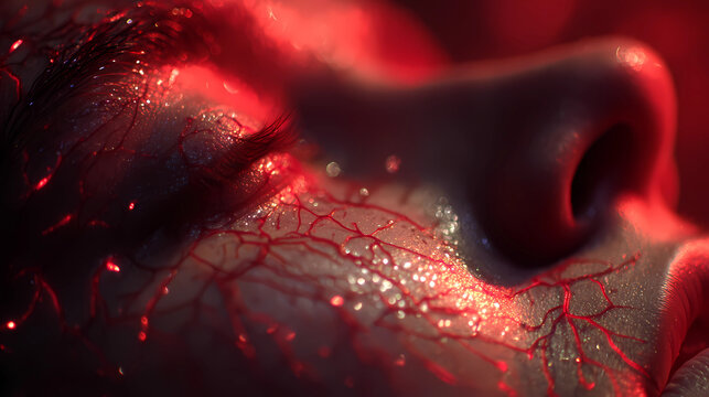 Abstract visualization of subdermal skin health with glowing capillaries and radiant surface, Generative AI illustrations.