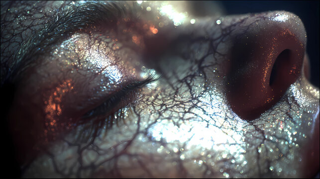 Abstract visualization of subdermal skin health with glowing capillaries and radiant surface, Generative AI illustrations.
