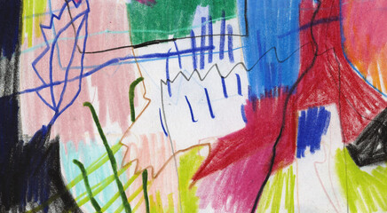 Obraz premium Expressive abstract portrait created with colored pencils on textured paper. Stylized human face with geometric distortion, bold contour lines and vibrant contrasting shapes. 