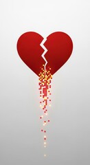 Red heart shape slowly disintegrates into glowing digital fragments against a light backdrop