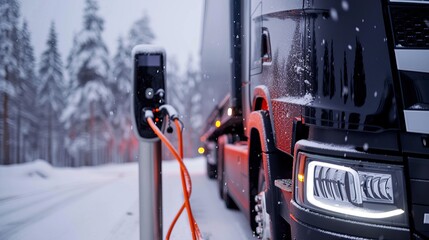 Fototapeta premium Close up of an electric truck charging port with orange cable against a blurred truck background