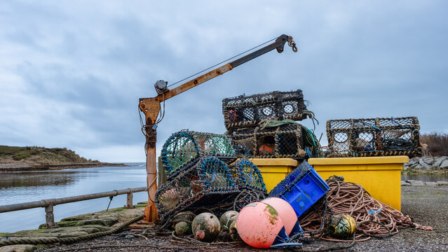 Lobster creels at Brora harbour in the Highlands