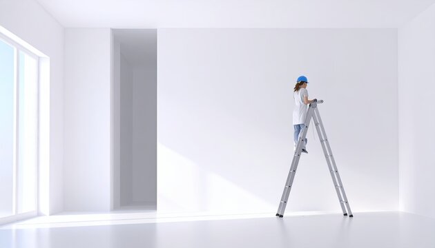 밝고 미니멀한 하얀색 빈 방 안에서 파란색 안전모를 쓴 여성이 알루미늄 사다리 위에 올라가 벽면을 점검하거나 인테리어 공사를 준비하고 있는 전문적인 모습의 사진입니다.