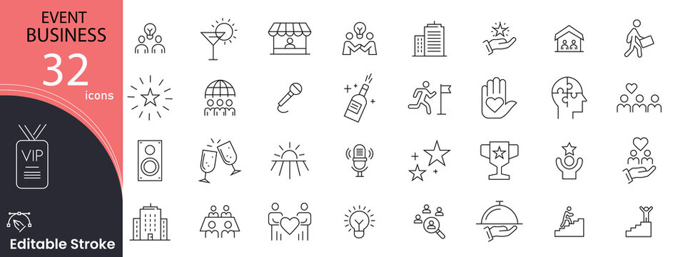 Event business related icons set. Including calendar, celebration, party, schedule, planning, invitation, venue, and organization. Editable stroke. 
