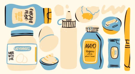 Fototapete Rund Restaurant Mayonnaise sauces set, eggs, knife. Different container shapes. Plastic, squeeze, glass bottles, soft package, small bag, sauce cup. Hand drawn trendy Vector illustration. Isolated design elements   © Dariia