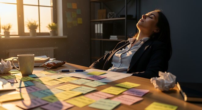 Exhausted businesswoman leaning back in office chair with eyes closed messy desk covered in sticky notes and deadlines warm sunset light through window emotional workplace burnout theme