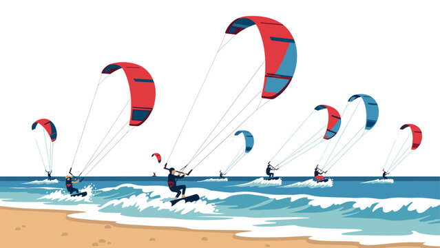kitesurfing group on waves beach water sports vector illustration