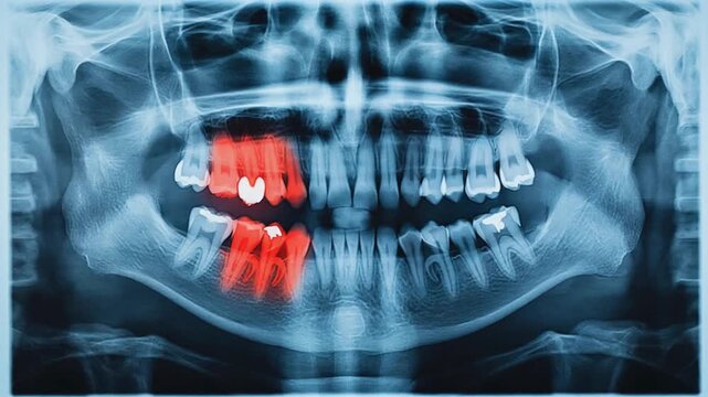 Dental x-ray with a red tooth.