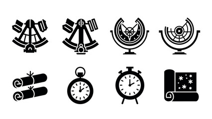 Fototapeta premium set of black silhouette navigation and time instrument icons including sextants watches scrolls and maps