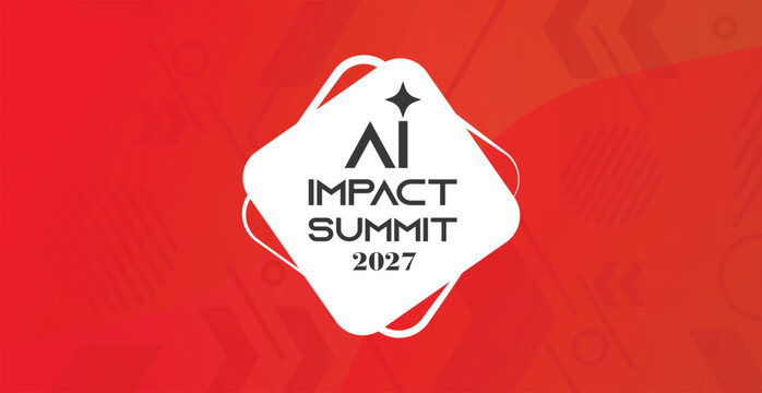 A professional event banner featuring the "AI Impact Summit" logo on a fluid, abstract background with modern geometric patterns