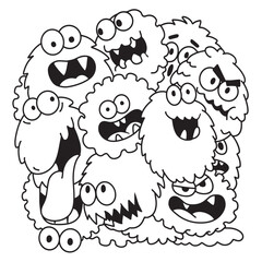 Cute monster cartoon fluffy funny happy group doodle expressive black and white