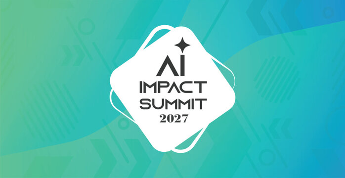 A professional event banner featuring the "AI Impact Summit" logo on a fluid, abstract background with modern geometric patterns
