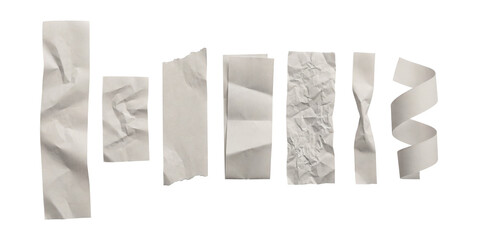 Crumpled receipt paper strips elements set.