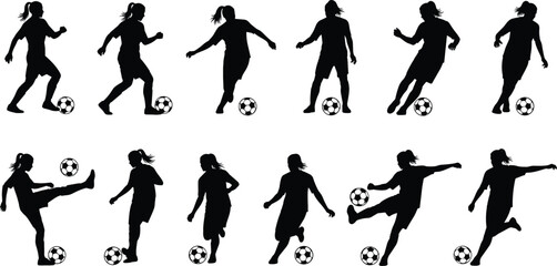 Black silhouette collection of female soccer players in various action poses like kicking and dribbling isolated on white background for sports designs © AB Razzak