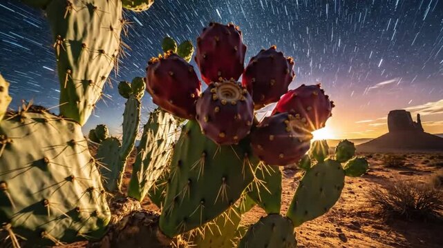 Mesmerizing time-lapse reveals night sky and cactus in Monument Valley desert landscape, stunning natural beauty
