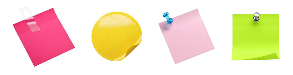 Set of Colorful Sticky Notes and Yellow Round Sticker PNG . Pink and Green Memo Pads with Tape and Push Pins, Office and School Supplies, Transparent Background