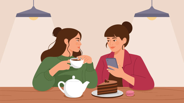 two women drinking tea at cafe table illustration isolated on white background, friendship conversation and social lifestyle concept