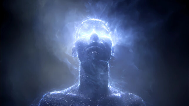 Futuristic visualization of internal vitality and spiritual wellness in glowing human silhouette, Generative AI illustrations.