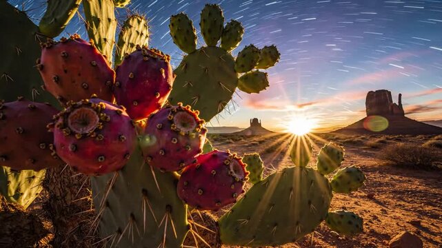 Time-lapse of starry sky with a prickly pear cactus in Monument Valley desert at sunrise