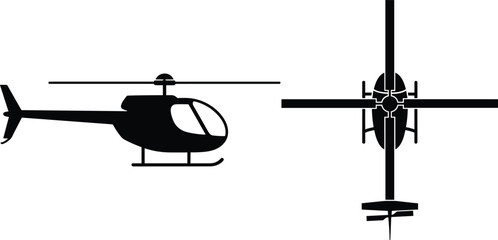 Helicopter silhouette side and top view set, rotary wing aircraft vector illustration, aviation transport chopper icon, black white isolated design © Hey there