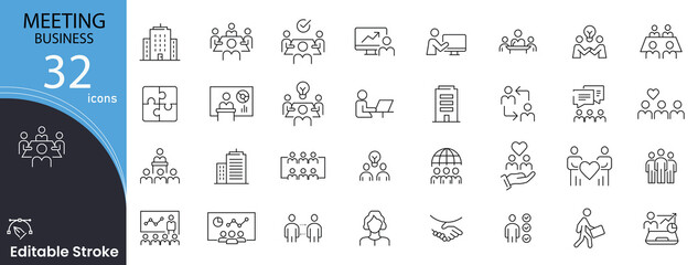 Meeting business related icons set. Including discussion, team, schedule, conference, collaboration, agenda, communication, and planning. Editable stroke.  © khansa