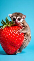 Fototapeta premium A Charming Lemur Cradles a Giant Strawberry Against a Vibrant Blue Background