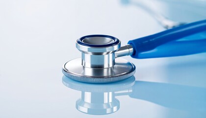 병원이나 클리닉에서 사용되는 파란색 청진기가 밝은 파스텔 톤의 배경 위에서 선명하게 반사되는 모습으로, 현대적인 의료 기술과 환자 케어를 시각적으로 표현한 고품질 사진입니다.