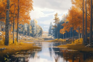 Obraz premium Autumn scene with trees and a calm river in an open landscape during daytime
