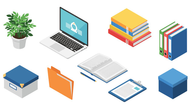 Professional office and study materials including a laptop, stacks of books, and filing folders in isometric vector illustration.