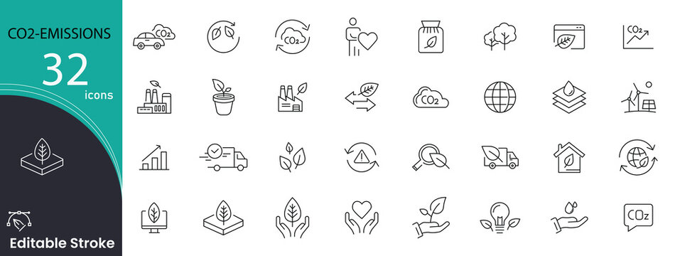 CO2 emission related icons set. Including pollution, carbon, environment, gas, factory, climate, footprint, and air. Editable stroke.