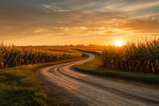 Expansive rural landscape with a winding dirt road through a vast cornfield under a dramatic sunset sky.
