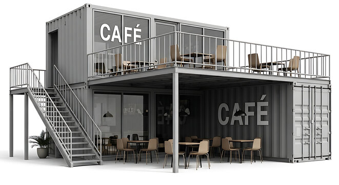 Contemporary container cafe with upper deck seating, a stylish modular architectural design offering an innovative coffee shop experience