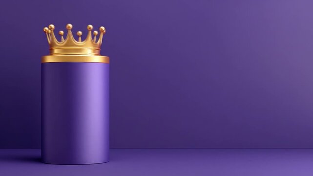 Golden crown on cylinder against purple backdrop for conceptual design