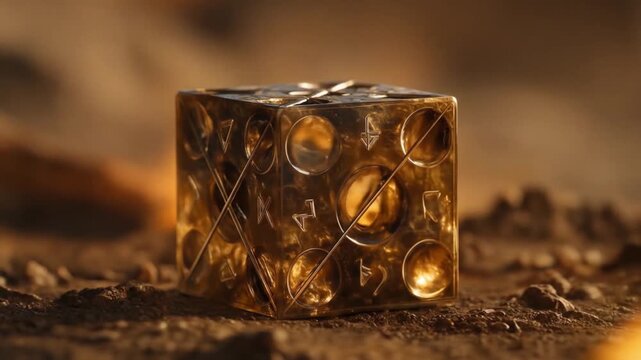 Golden cube on earth surface conceptual design and artistic rendering