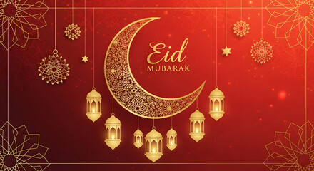 Naklejka premium Eid al fatar celebration with golden crescent and lanterns on red background