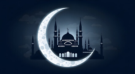 Obraz premium Serene mosque silhouette under crescent moon in dark blue night sky.