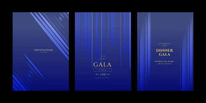 Set of three elegant invitation templates for a gala, dinner, or formal event. Modern design with abstract blue lines, gold text, and a dark background. Vector format.