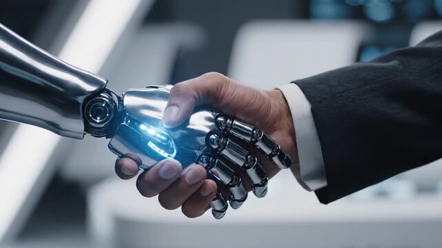Human and robot shaking hands with glowing blue interface
