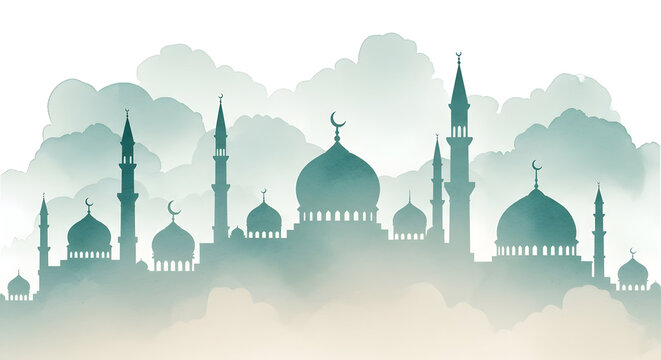 A serene silhouette of a mosque with multiple domes and minarets surrounded by clouds.