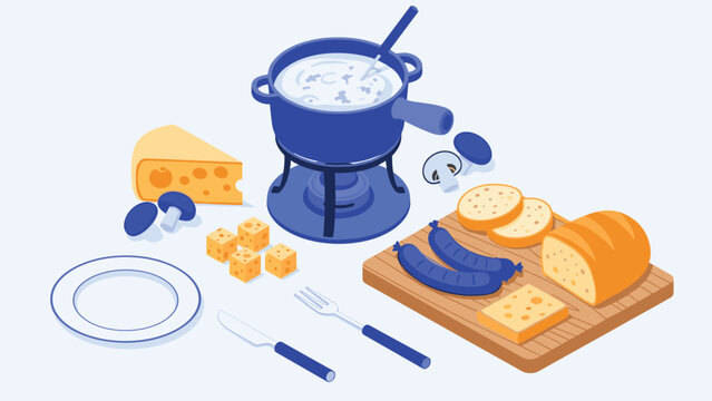 Cozy isometric cheese fondue set featuring a blue pot on a warmer, bread slices, sausages, mushrooms, and cheese cubes on a wooden board.