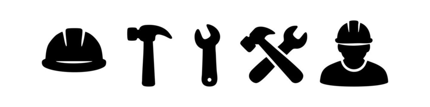Construction and repair icon set featuring hammer, wrench, hard hat, and worker silhouette. Flat black vector symbols on white background.