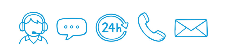 Obraz premium Blue hand-drawn customer service icons set with agent, chat, 24h support, phone, and email on white background.