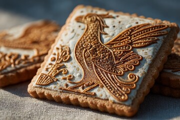 Close-up of Tirggel with intricate phoenix design on linen surface. Concept of decorated gingerbread German festive treats, showcasing craftsmanship and festive spirit.