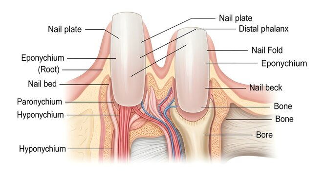 Fingernail and periungual soft tissue anatomy illustration labeling nail plate, bed, folds, matrix, eponychium, paronychium, hyponychium and distal phalanx bone, ideal for dermatology, podiatry, cosme