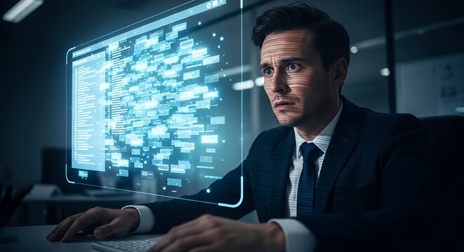 Corporate worker staring at overflowing inbox projected in air anxious expression dim office interior dramatic shadows conceptual digital stress image