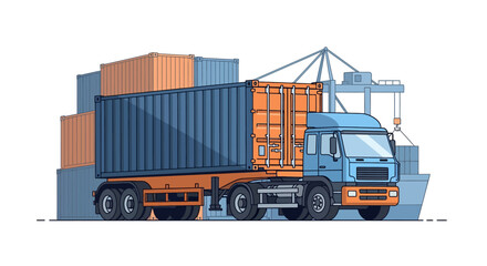 Naklejka premium Illustrative depiction of a heavy-duty container truck transporting freight through a busy port, symbolizing global logistics and efficient cargo delivery services