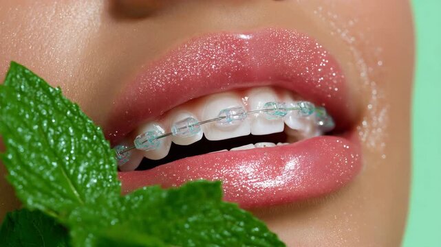 Refreshing smile progression: closeup on lips with braces and mint leaves