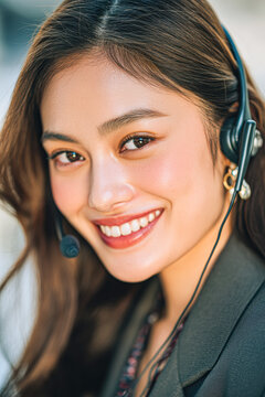 A young woman with long hair smiles warmly while wearing a headset, suggesting she is engaged in customer service or communication work.